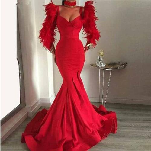 Red Feathers Long Sleeve Mermaid Evening Dress Simple Sweetheart Neck Sweep Train Custome Prom Gown Robe De Soiree
