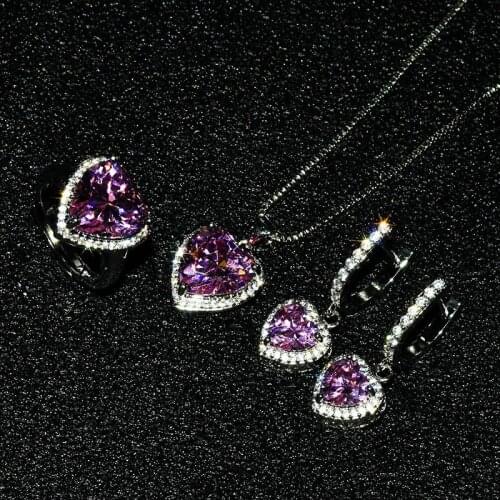 Hot sale heart shaped pink zircon pendant s925 silver luxury ring & earrings & necklace DIY fine jewelry gifts set free shipping