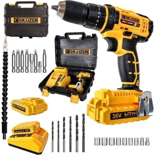 Graizer German 36 V 5 Ah Impact 13mm Metal Drill Chuck Double Cordless Drill + 24 Piece Set Gray Graizer