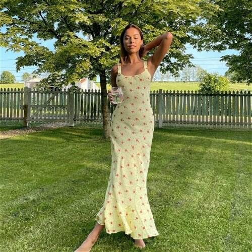 2021 New Bohemian Floral Maxi Dress Women Summer Sleeveless Ruffle Slim Dress Sexy Club Beach Elegant Dresses Female