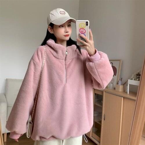 2021 New High Collar Plus Velvet Thick Layer Rabbit Fur Zipper Jacket Women White Loose Long-sleeved Pullover Kawaii Clothes
