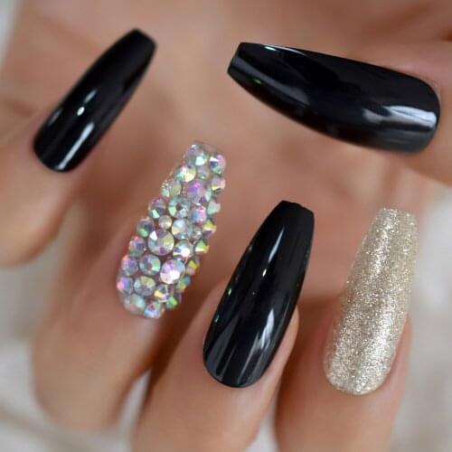 Wholesale Coffin False Nails Long Black Glttter Crystal Press On Nail Tips For Party With Adhesive Taps 24 pcs
