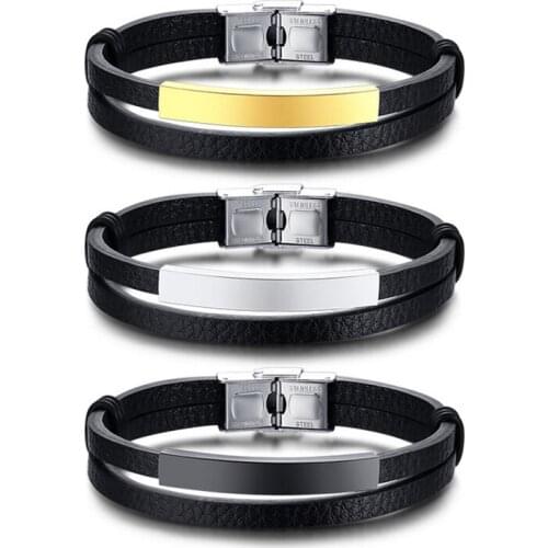 Personalized Stainless Steel ID Tag Women Mens Bracelets Genuine Leather Bangle Engraving Name Date Custom Gift