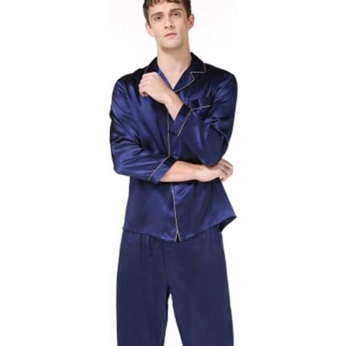 Pure 100 Silk Pajamas Men Set Two-piece Suit Long sleeve spring and summer Sleepwear 100% Nightwear silk noble Blue Solid