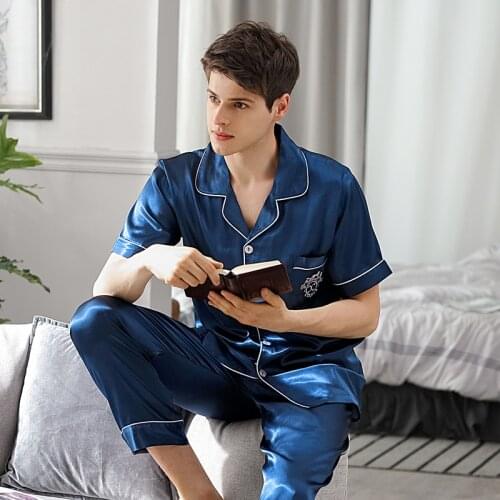 Sleepwear Male Summer Short Sleeve Long Pants Ice Silk Two-Piece Pajama Sets Blue Thin Men Pyjamas Homewear 9008B