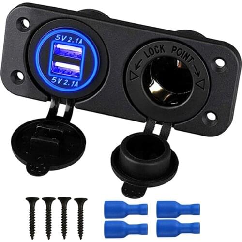 4.2A 2.1A Dual USB Charger Socket Adapter with Panel Car Cigarette Lighter Splitter 2 In 1 Double Ring for Bus Boat RV Truck