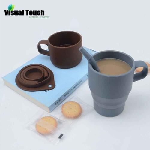 Visual Touch Folding Silicone Cup With Straw Mugs Portable Travel Silicone Telescopic Drinking Collapsible Silica Coffee Cup
