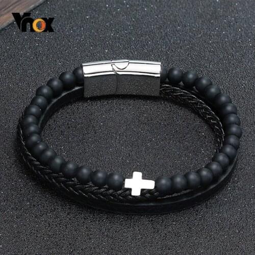 Vnox Small Cross Charm Bracelets for Men Women,Layered Braided Leather Bangle with Black Beads, Casual Gentle Wristband