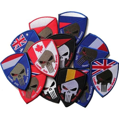 Skull Military Velcros Patches National Flag Belgium Russia Spain France EU Tactical Stickers Soldier Badges for Clothes Bags