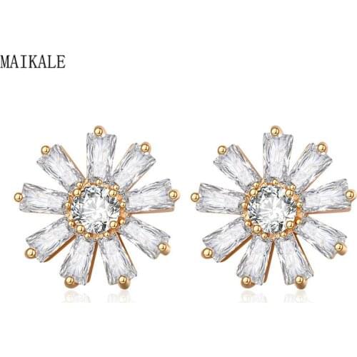 MAIKALE Flower Zircon Stud Earrings Cubic Zirconia Copper Gold Small Charm Earings for Women Korean Jewelry Fashion Gift