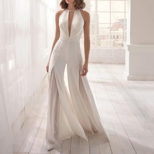 White Elegant Simple Women Jumpsuit Rompers Dress Sexy Deep V Halter Hanging Temperament Party Wedding Sleeveless Flare Pants