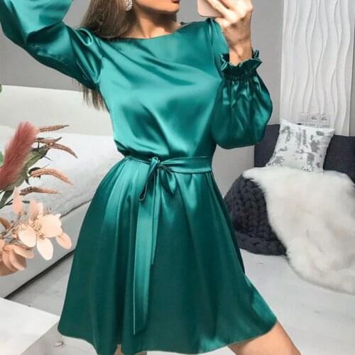 Sexy Satin Lace Up Women Dresses Elegant Solid O Neck Long Sleeve Mini Dress Autumn Casual A Line Slim Lady Party Dress Vestido