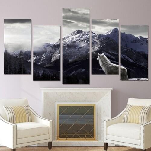 Canvas HD Prints Paintings Home Decor Framework 5 Pieces Animal Wolf Pictures Mountain Landscape Poster For Living Room Wall Art