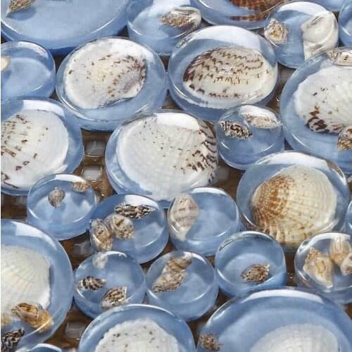 Big and small round blue sea shell mosaic tiles resin mosaic for kitchen backsplash tile bathroom shower fireplace hallway