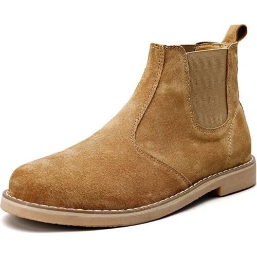 Chelsea Men Boots Pig Suede Leather Ankle Boot for Men Winter Round Toe Flat Comfortable Shoe Daily Office Vintage Boots