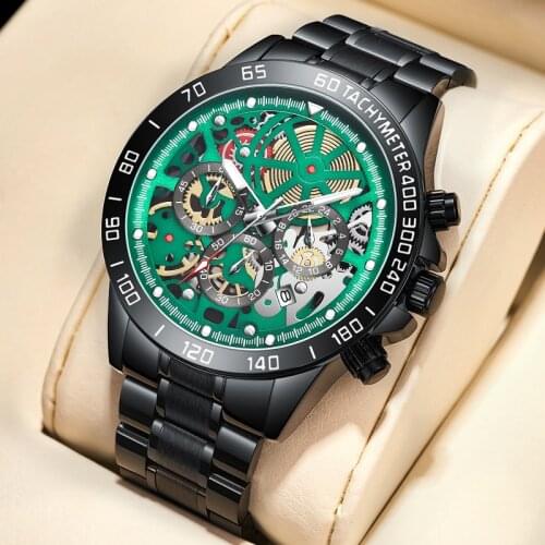WISHDOIT Original Design Mens Watch Stainless Steel Top Brand Luxury Green Waterproof Sports Quartz Mens Relogio Masculino