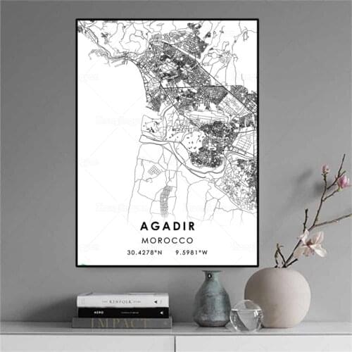 Black and White City Map Morocco The Agadir Map Poster HD Print Wall Art Canvas Nordic Landspace Painting for Home Decor Artwork