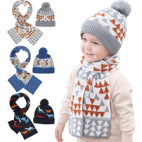Child winter knitted hat set Kids pom pom hat with scarf Boys girls winter warm hat with scarf set Soft warm cap H236D