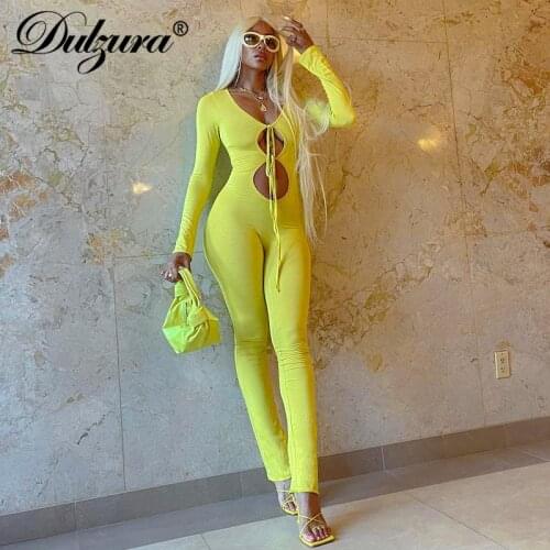 Dulzura 2021 Autumn Winter Women Long Sleeve Hollow Out V Neck Lace Up Jumpsuit Skinny Sexy Streetwear Casual Sporty Rompers