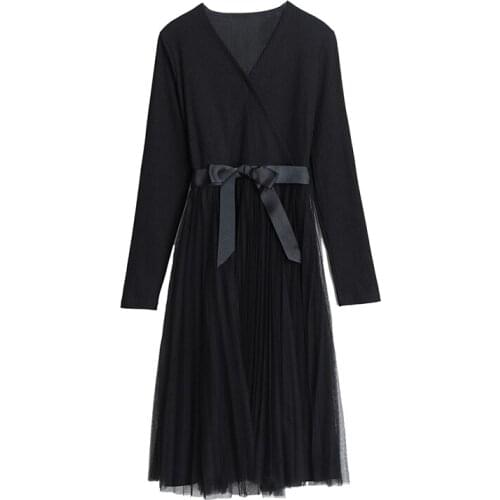 Black Elegant Net Yarn Splicing Party Dress Women Trendy Pastel Vestidos Bowknot Robe Office Plus Size Dress Women Clothes