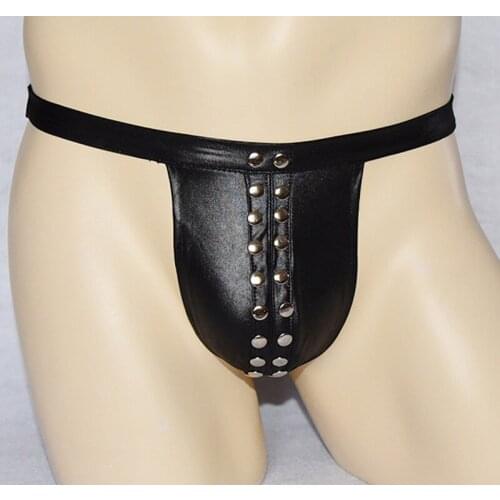 Hot Sexy Men Male Leather Underwear Black Briefs G-string Panties Exotic Rivet PU Thong Lingerie