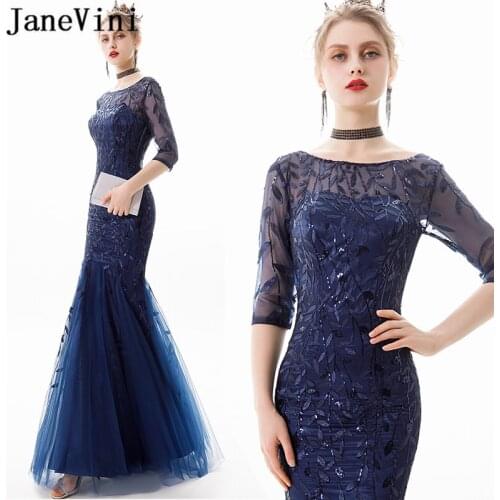 JaneVini Navy Blue Mermaid Long Evening Dresses with Sleeves 2019 Scoop Neck Robe De Soiree Sparkle Sequined Tulle Formal Dress