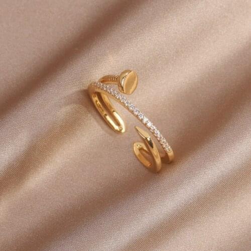 South Koreas new fashion jewelry 14K real gold electroplating simple zircon ring elegant womens opening adjustable ring