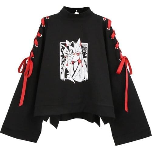 Summer Womens clothing Anime fox printed cross ribbon Women Lolita Girls' T-shirt harajuku spring Black Top skirt hoodies