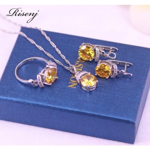 Many Colors Sparking Yellow Zircon & Crystal Silver 925 Jewelry For Women Ring Earrings Necklace Bridal Jewelry