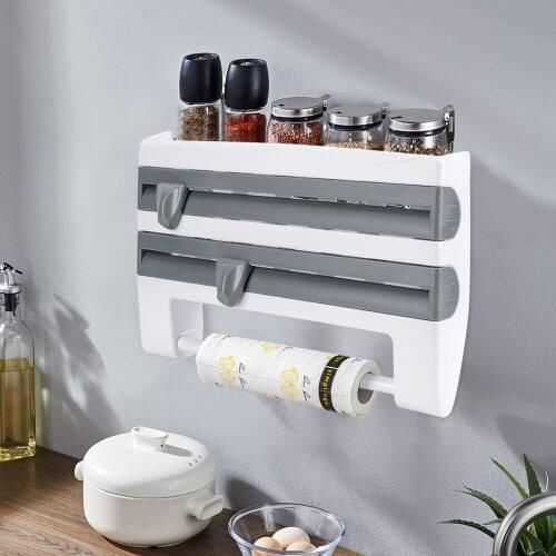 Multifunctional Kitchen Storage Organizer Clear Film Sheet Cutter Roll Dispenser Paper Holder Spice Bottle Shelf Rack