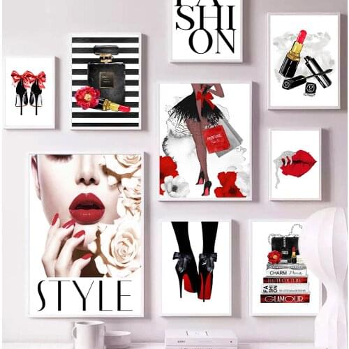 Fashion Girl Red Lips Rose Wall Poster Print Perfume Bag Wall Art Modern Canvas Painting Wall Pictures For Living Room Decor