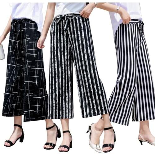 Fashion Women Stripe Loose Straight Wide Leg Drawstring Pants Ninth Trousers одежда для женская