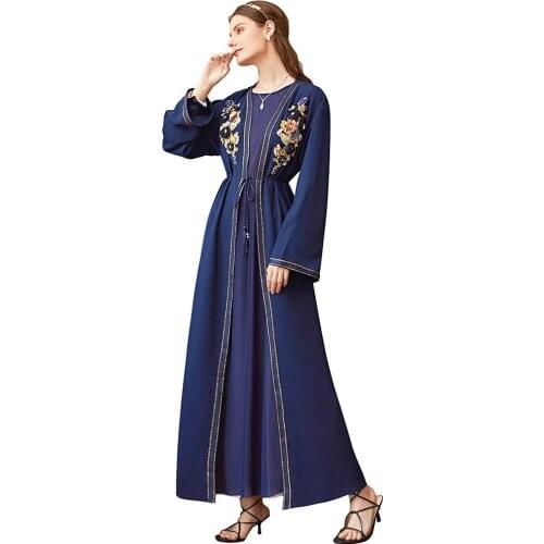 Muslim robe coat women dark blue applique rhinestone abaya cardigan Islam clothing kaftan dubai open abaya musilim kimono MSL867