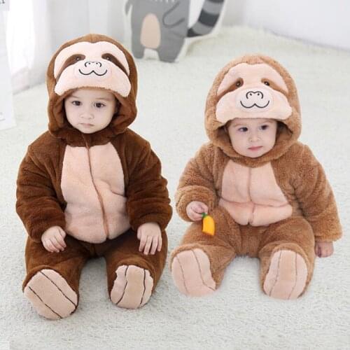 New Born Baby Girl Boy Sloth Pajamas Rompers Kid Winter Thicken Cotton Bradypod Hooded Cloth Flannel Cartoon Animal Cat Costume