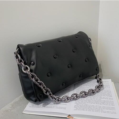 Luxury Rivet Chain Shoulder Bags For Women Solid Colour PU and Canvas Female Purses and Handbags Ladies Fashion Clutch Bag 2021