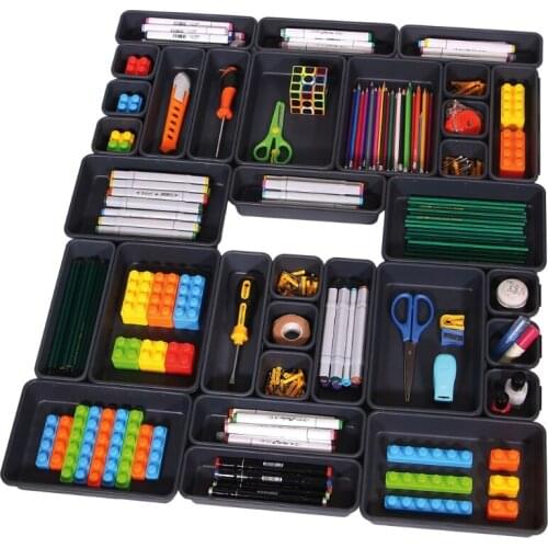 94PF 32pcs Interlocking Bin Desk Drawer Organizer Tray Dividers Separator Storage Box