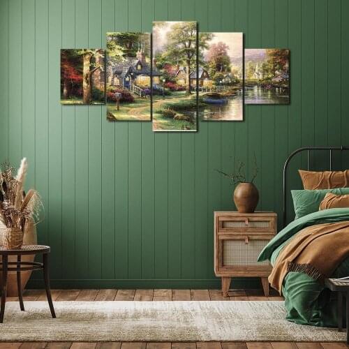 Modern Canvas Painting Hut by the creek Posters and Prints Wall Art Picture for Living Room Home Decor with Frame