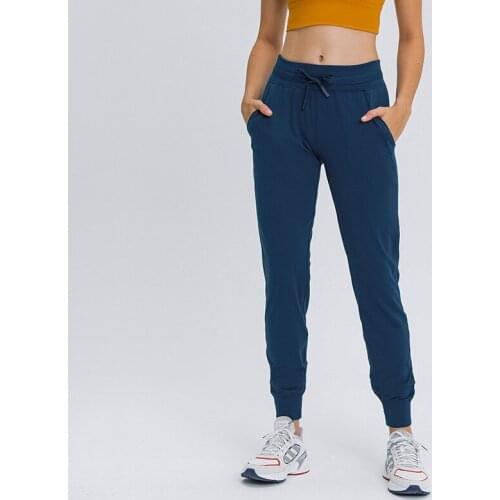 Naked-feel Fabric Workout Sport Joggers Pants Women Waist Drawstring Fitness Running Sweatpants with Two Side Pocket