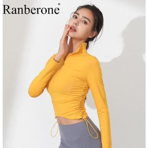 Ranberone Zipper Drawstring Yoga Top Running Tight Sexy Long Sleeve T-shirt Quick Drying Fitness Sportswear Solid Gym Clothing
