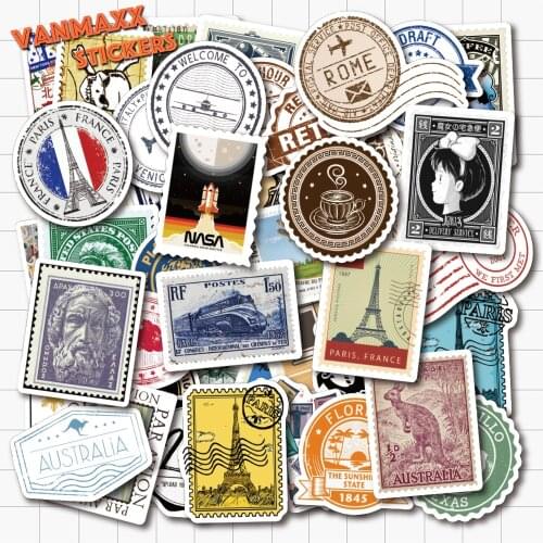 VANMAXX 50 PCS Stamps and Postmark Themed Graffiti Stickers Waterproof PVC Decal for Laptop Helmet Bicycle Luggage Phone Case