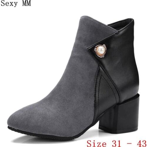 Spring Autumn Winter Women Ankle Boots Booties Square High Heels Shoes Woman Short Boots Small Plus Size 31 32 33 - 40 41 42 43