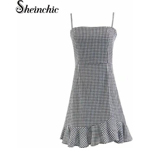Vintage White/black Plaid Woman Dress 2021 Summer Sexy Spaghetti Strap Mini Dress Elegant Ruffles Robe Femme