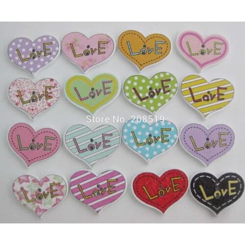 WBNAOK Assorted Love Buttons for children clothes Mix randomly 200pcs 20MM*25MM Heart shape Printing Wood Sewing Button