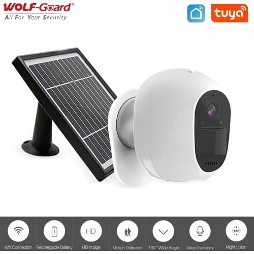 Wolf-Guard Tuya WiFi Camera 1080P Waterproof 2-Way Audio Motion Detector Night Vision w/ Solar Panel Support for Alexa & Google