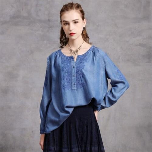 Autumn Women Embroidery Loose Blouse 2020 Vintage Long Sleeve Denim Blue Blouses Q9298 Single Breasted Blusas Femininas