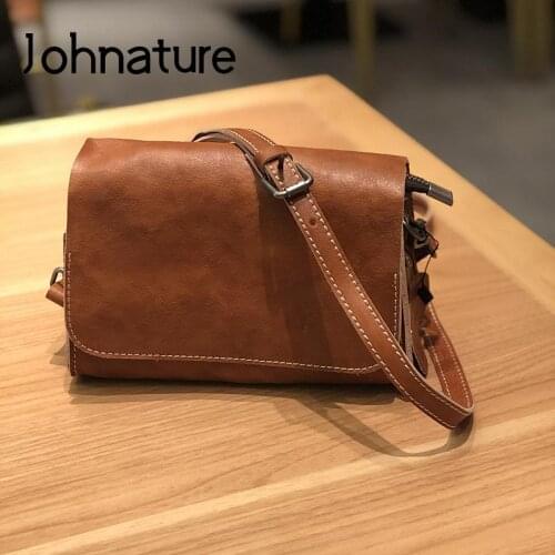 Johnature 2021 New Retro Genuine Leather Women Small Bag Casual Versatile Soft Cowhide Solid Color Shoulder & Crossbody Bags