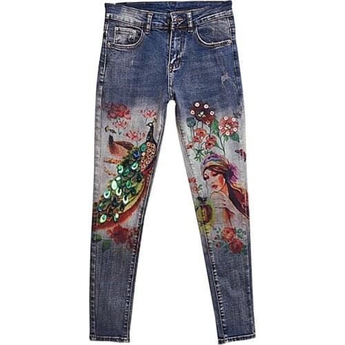 Peacock Pattern 3D Print Painted Womens Stretch Skinny Jeans Fashion Bronzing Boyfriend Women Female Pencil Pants Vintage
