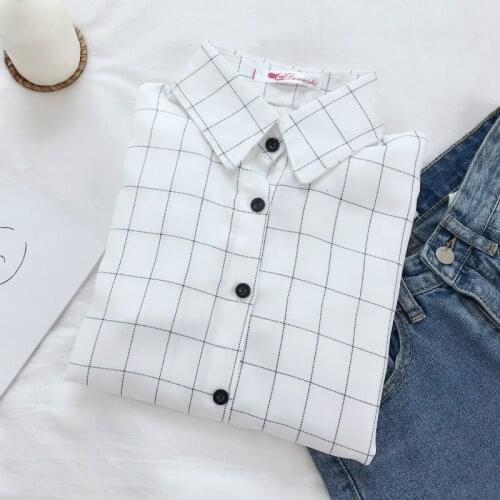Women Shirts Hot Sale White Plaid Long Sleeve Single Breasted Fashion England Casual Preppy Loose Student Blouses