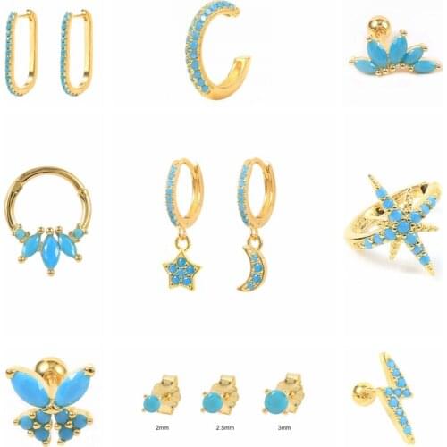 CANNER925 Sterling Silver Turquoise Stud Earring For Women Piercing Jewelry Cubic Zircon Wedding Party Engagement Gift Oorbellen