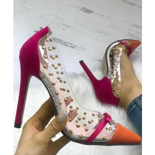 Moraima Snc Transparent Rivet Bowtied Pointed Toe Heels Sexy PVC Patchwork Thin Heels Woman Pumps Super High Party Dress Heels